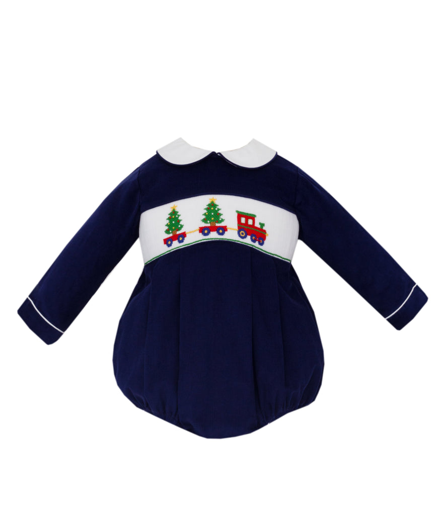 Anavini Christmas Tree Train Navy Corduroy Long Sleeve Bubble - Fun & Fancy Children's Boutique