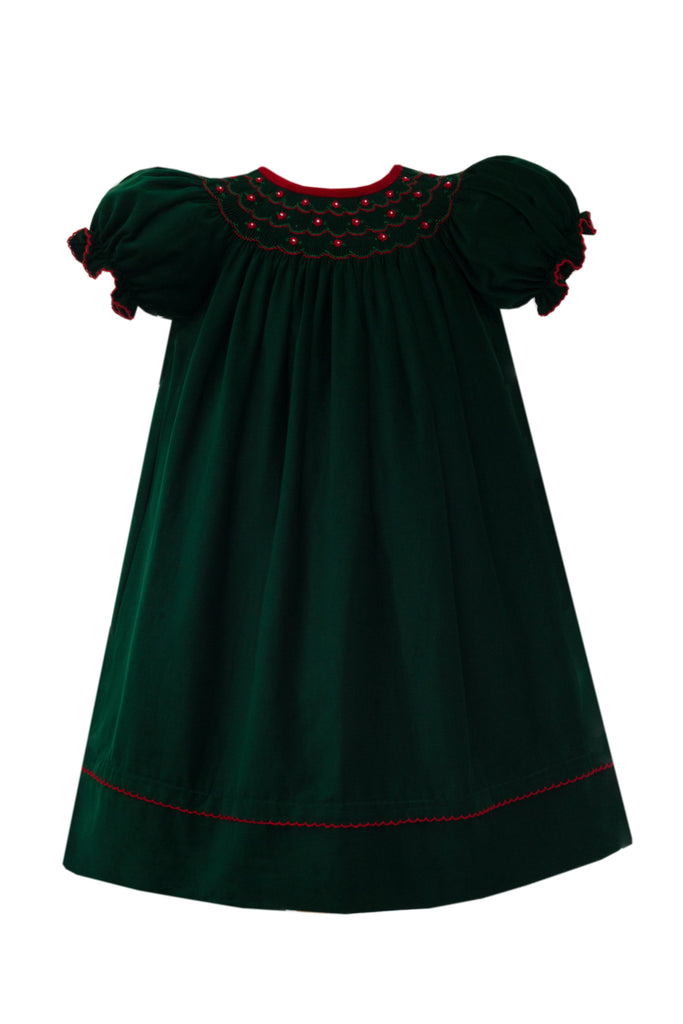 Anavini Elizabeth Green Corduroy Bishop with Red Velvet Trim - Fun & Fancy Children's Boutique