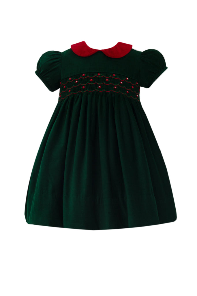 Anavini Elizabeth Green Corduroy Float with Red Velvet Collar - Fun & Fancy Children's Boutique