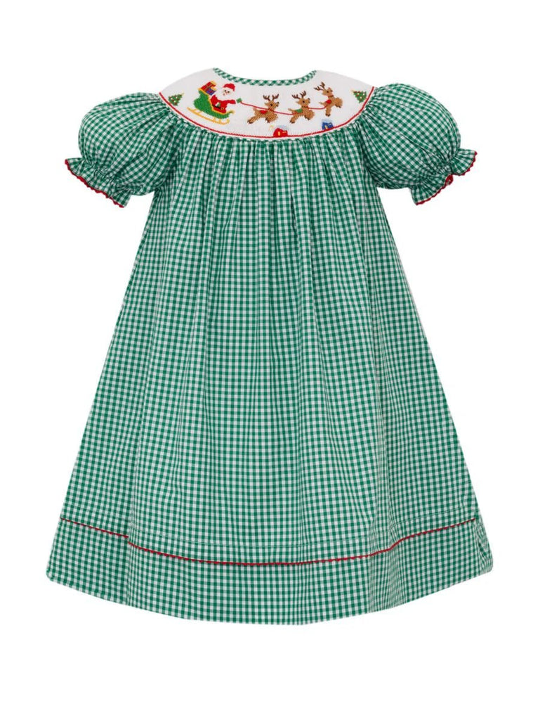 Anavini Santa Sleigh Green Gingham Bishop - Fun & Fancy Children's Boutique