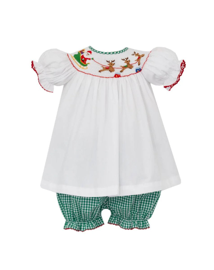 Anavini Santa Sleigh Green Gingham Bishop Bloomer Set - Fun & Fancy Children's Boutique