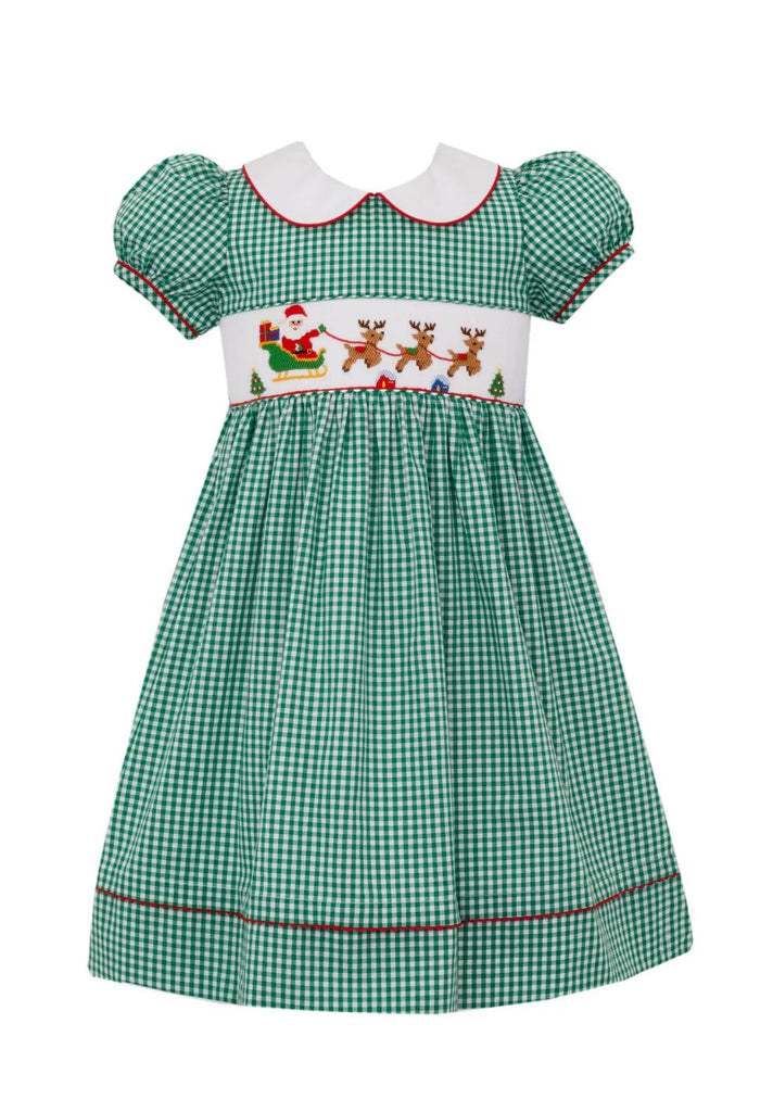 Anavini Santa Sleigh Green Gingham Dress - Fun & Fancy Children's Boutique