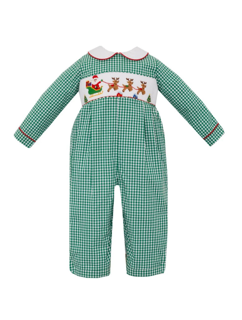 Anavini Santa Sleigh Green Gingham Romper - Fun & Fancy Children's Boutique