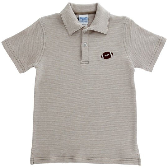 Bailey Boys Embroidered Knit Microstripe Polo Football on Khaki - Fun & Fancy Children's Boutique