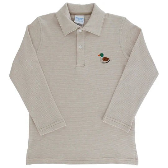 Bailey Boys Embroidered Knit Microstripe Polo/Duck on Khaki - Fun & Fancy Children's Boutique