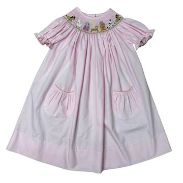 Delaney Girls Short Sleeve Pink Gingham Smocked Nativity Bishop Dress - Fun & Fancy Children's Boutique