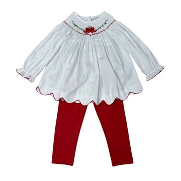 Delaney White Long Sleeve Smocked Christmas Bow Top with Red Legging - Fun & Fancy Children's Boutique