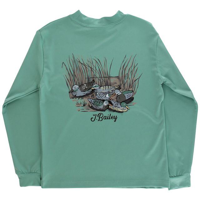 J. Bailey Long Sleeve Performance Logo Tee Ducks on Teal - Fun & Fancy Children's Boutique
