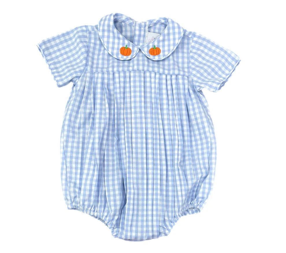 James & Lottie Finn Blue Gingham Bubble Smocked Pumpkins - Fun & Fancy Children's Boutique