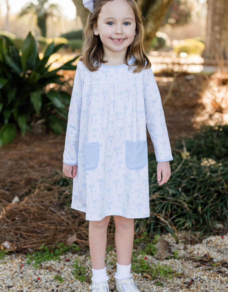 James & Lottie Lennon Knit Dress Blue Bows - Fun & Fancy Children's Boutique