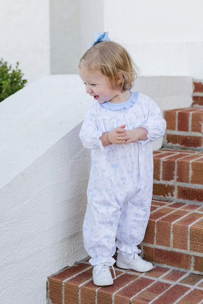 James & Lottie Lila Knit Long Bubble Blue Bows - Fun & Fancy Children's Boutique