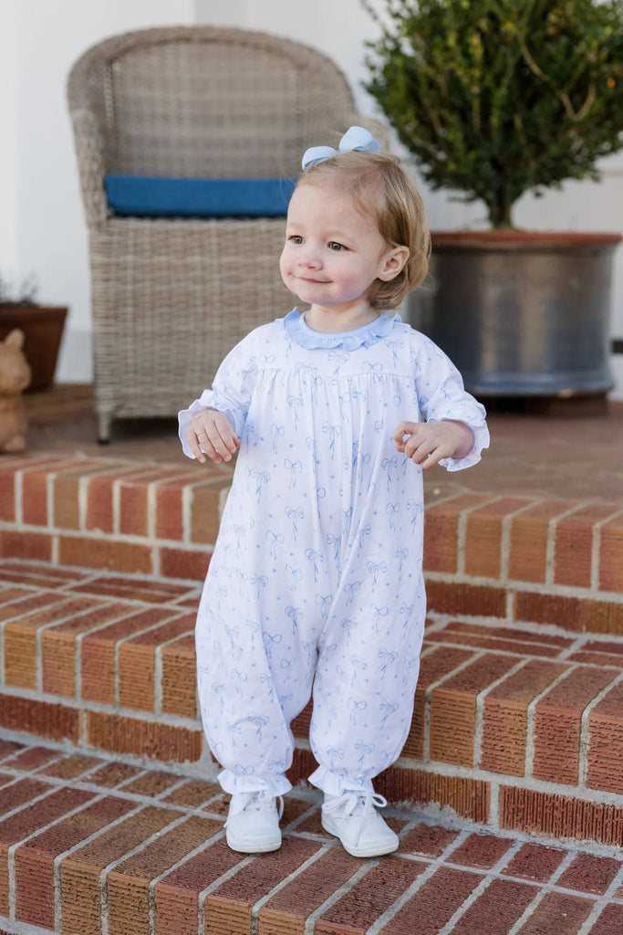 James & Lottie Lila Knit Long Bubble Blue Bows - Fun & Fancy Children's Boutique