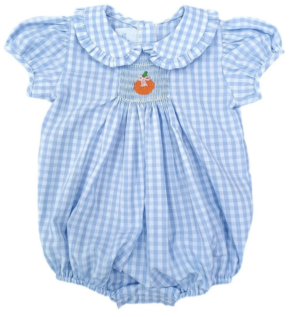 James & Lottie Margaret Blue Gingham Bubble Smocked Pumpkins - Fun & Fancy Children's Boutique