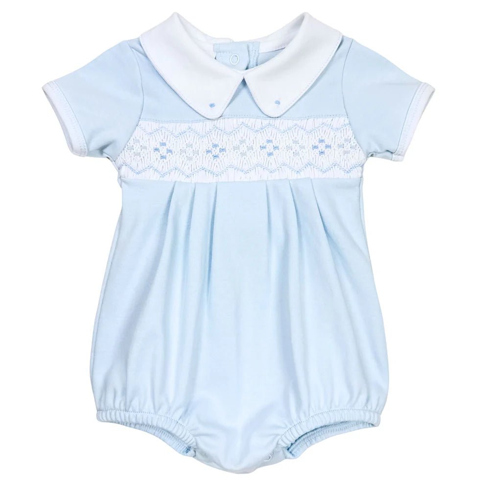 Magnolia Baby Emily and Ethan Smocked Collared Bubble Light Blue - Fun & Fancy Children's Boutique