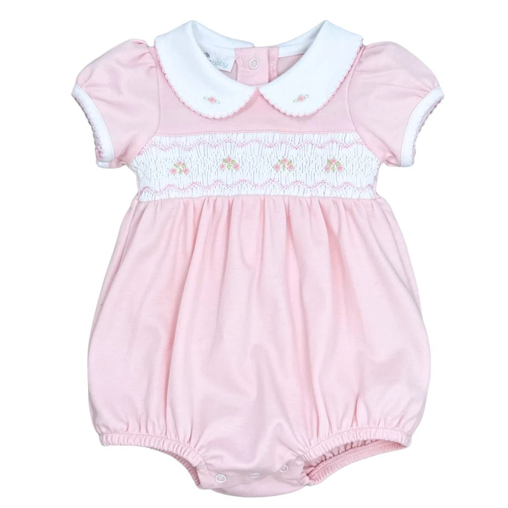 Magnolia Baby Emily and Ethan Smocked Collared Short Sleeve Bubble Pink - Fun & Fancy Children's Boutique