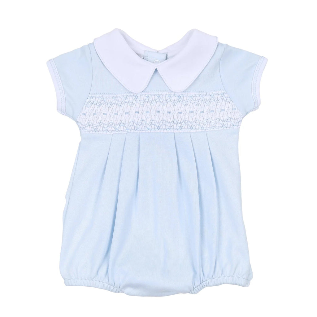 Magnolia Baby Freya and Finn Smocked Collared Boy Bubble Light Blue - Fun & Fancy Children's Boutique