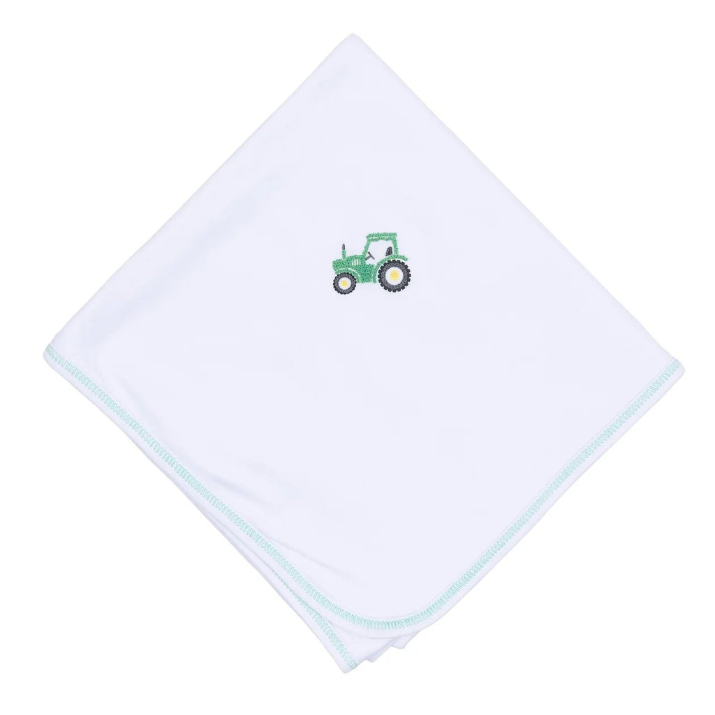 Magnolia Baby Lil' Green Tractor Embroidered Receiving Blanket - Fun & Fancy Children's Boutique