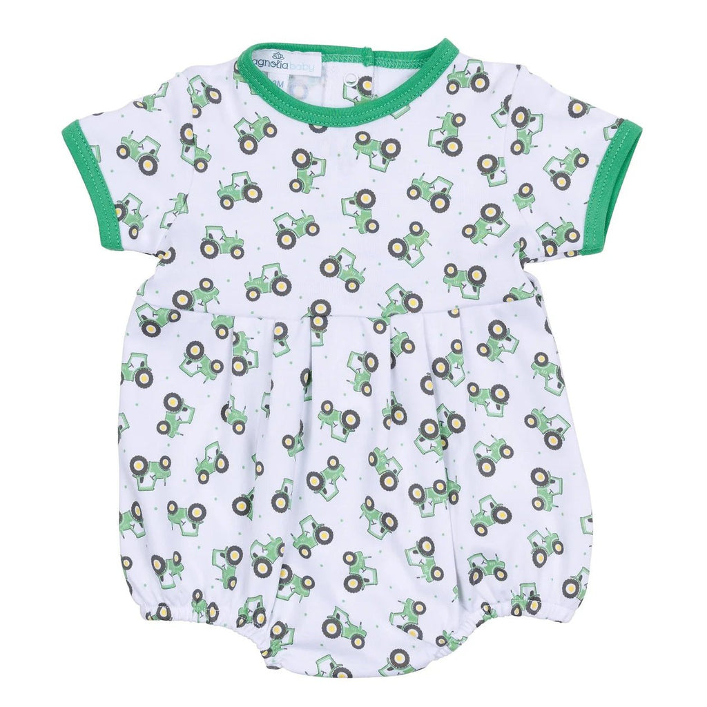 Magnolia Baby Lil' Green Tractor Printed Short Sleeve Bubble - Fun & Fancy Children's Boutique