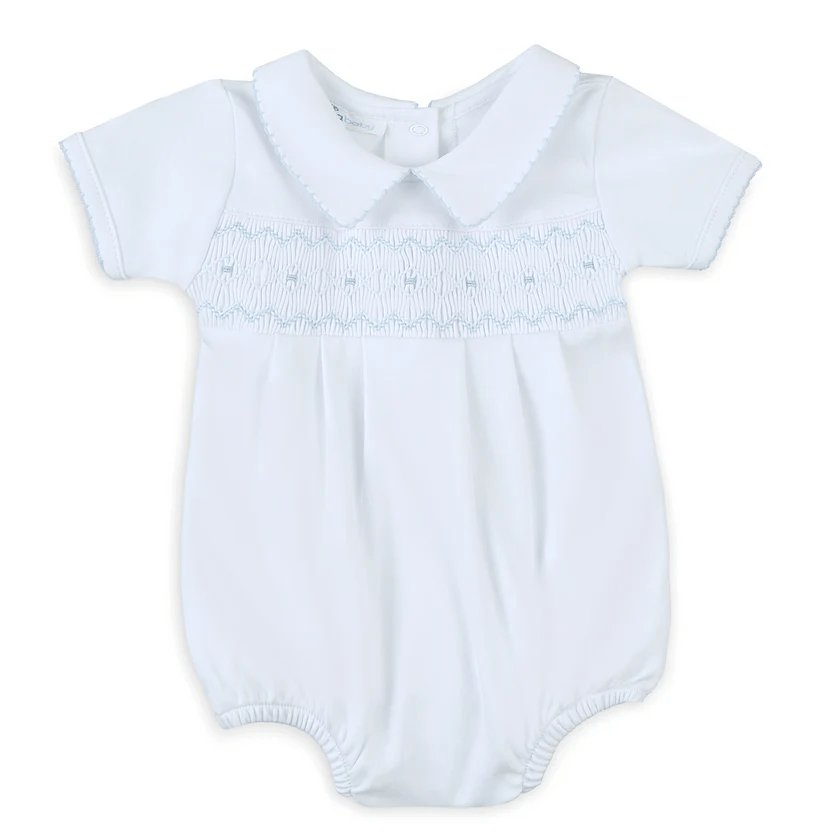Magnolia Baby Lizzie and Landon's Smocked Collared Short Sleeve Bubble Light Blue - Fun & Fancy Children's Boutique
