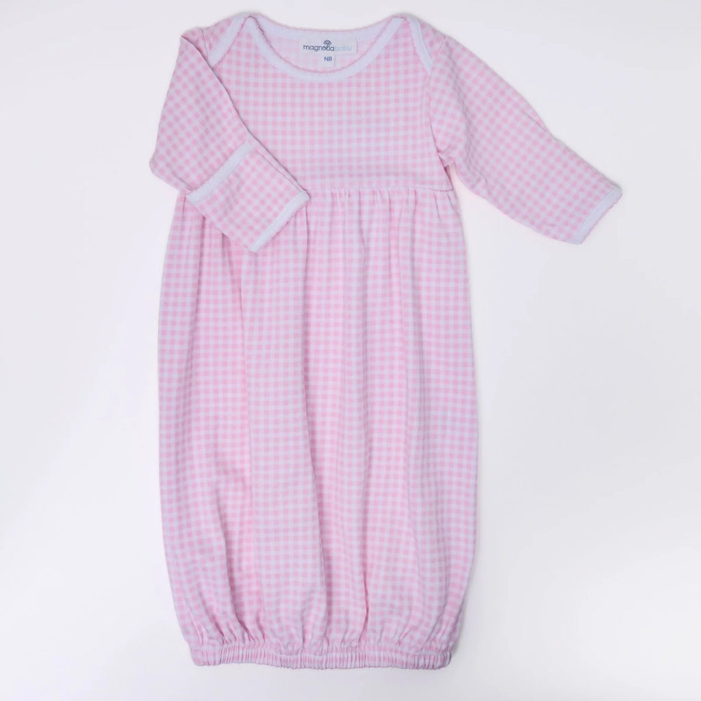 Magnolia Baby Mini Checks Gathered Gown Pink - Fun & Fancy Children's Boutique