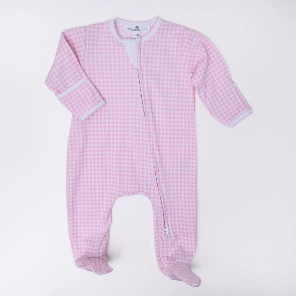 Magnolia Baby Mini Checks Zip Footie Pink - Fun & Fancy Children's Boutique