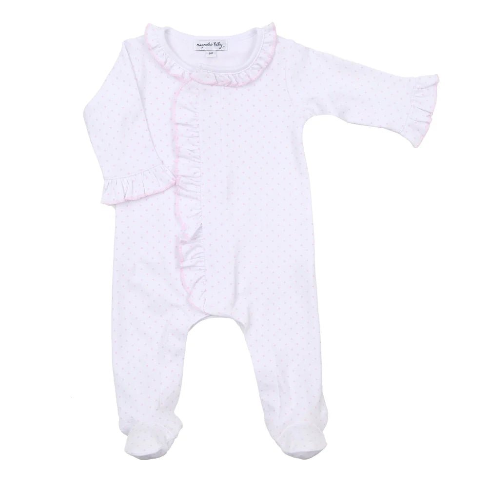 Magnolia Baby Mini Dots Ruffle Front Footie Pink - Fun & Fancy Children's Boutique