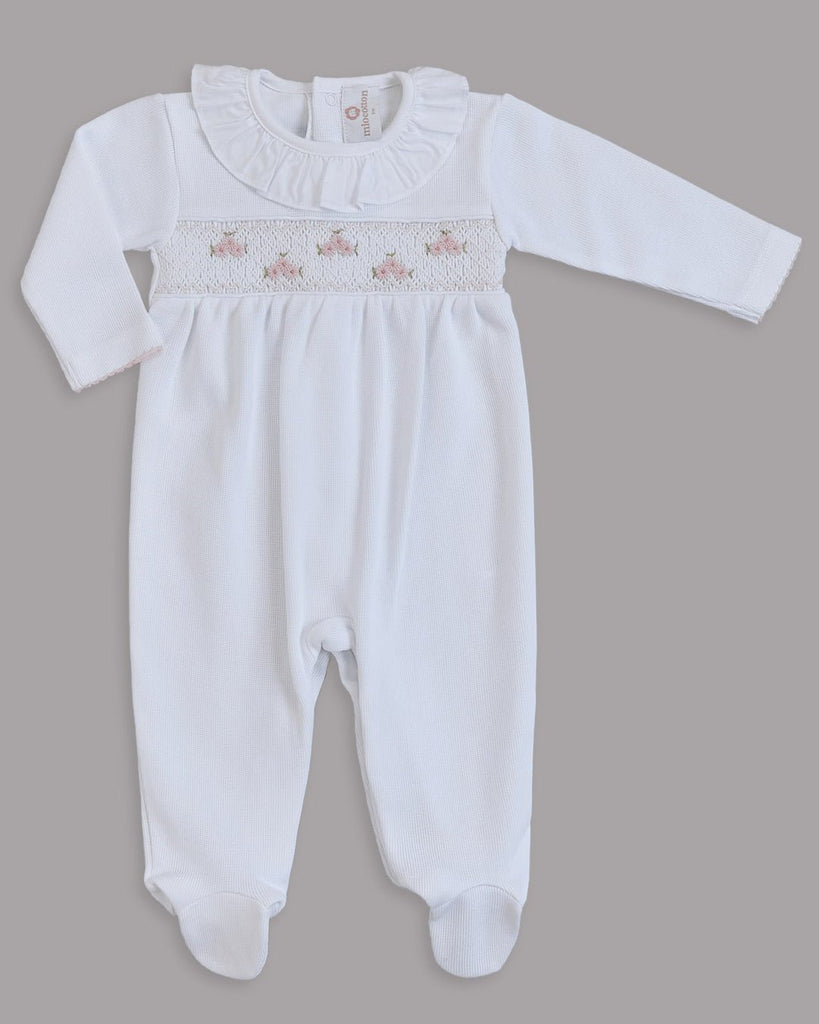 Miocotton Zuzzel Smock Footie White with Pink - Fun & Fancy Children's Boutique