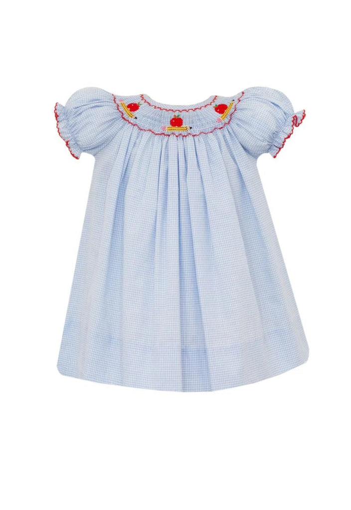 Petit Bebe Apples & Pencils Light Blue Gingham Bishop - Fun & Fancy Children's Boutique