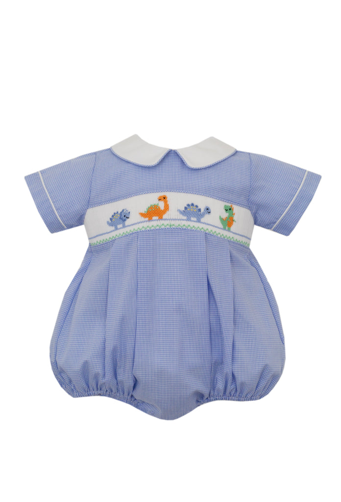 Petit Bebe Dinosaurs Periwinkle Blue Small Gingham Boy Bubble - Fun & Fancy Children's Boutique