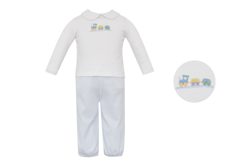 Petit Bebe Knit Pant Set Train Light Blue Gingham - Fun & Fancy Children's Boutique