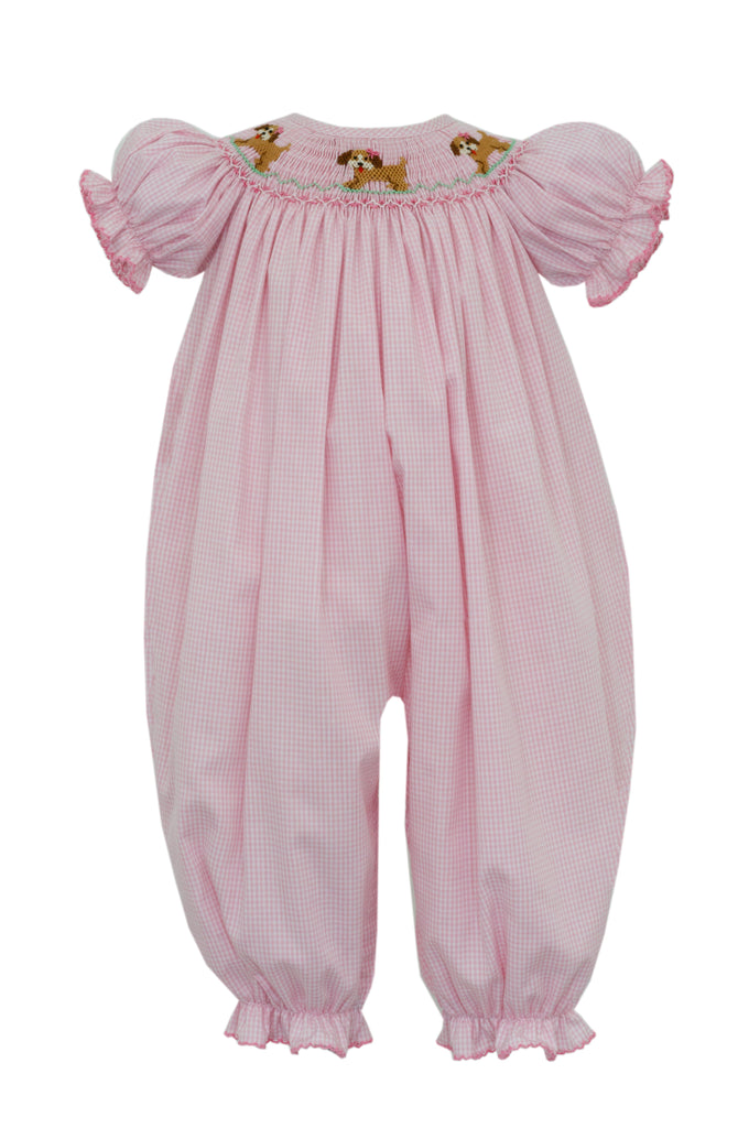 Petit Bebe Long Bishop Bubble Puppies Pink Gingham - Fun & Fancy Children's Boutique