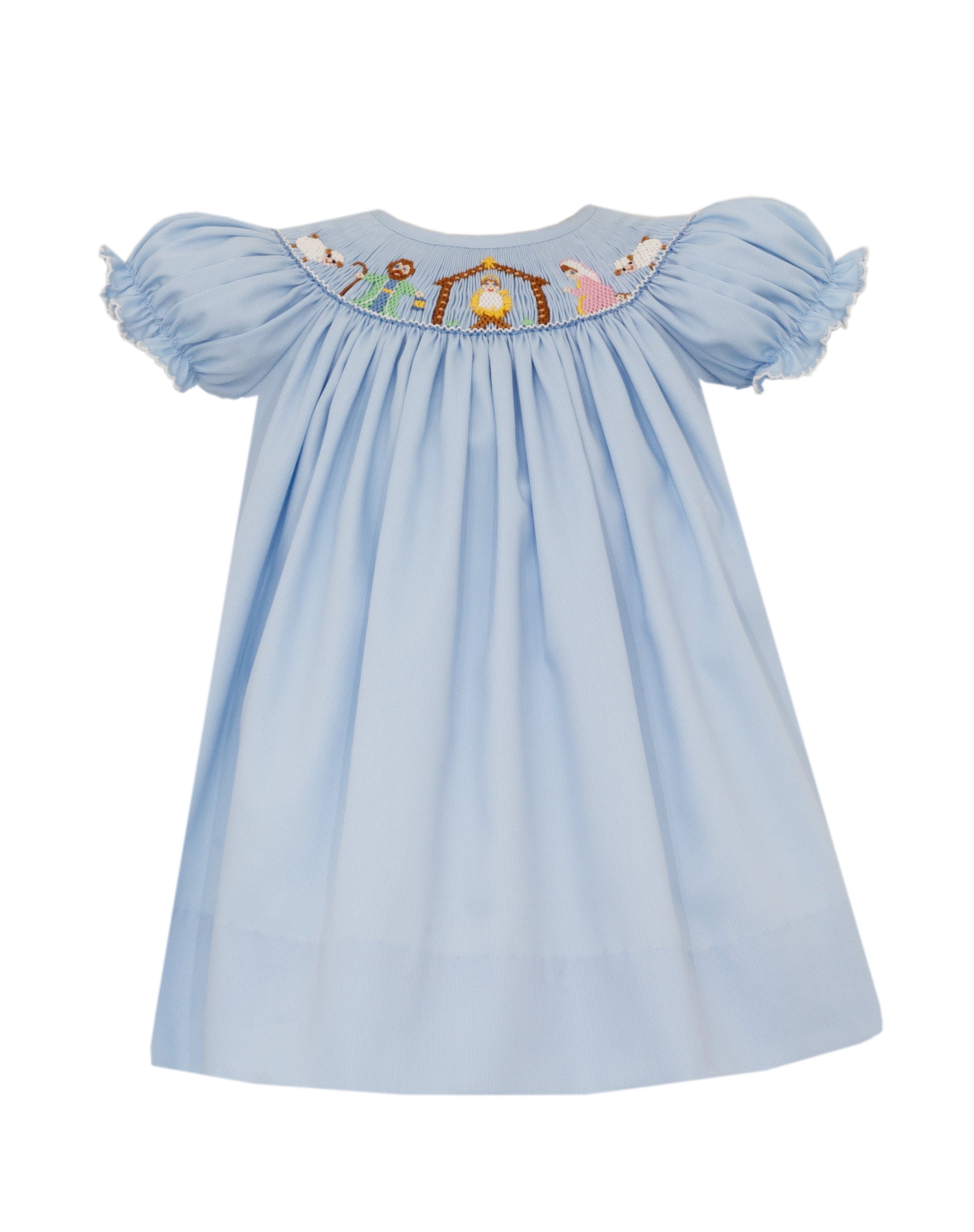 smocked nativity dress Petit Bebe Nativity Blue Pique Bishop – Fun & Fancy Children's Boutique