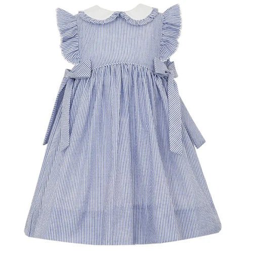 Petit Bebe Navy Stripe Seersucker Dress with Side Bows Fun & Fancy Children's Boutique Petit Bebe Navy Stripe Seersucker Dress with Side Bows Fun & Fancy Children's Boutique