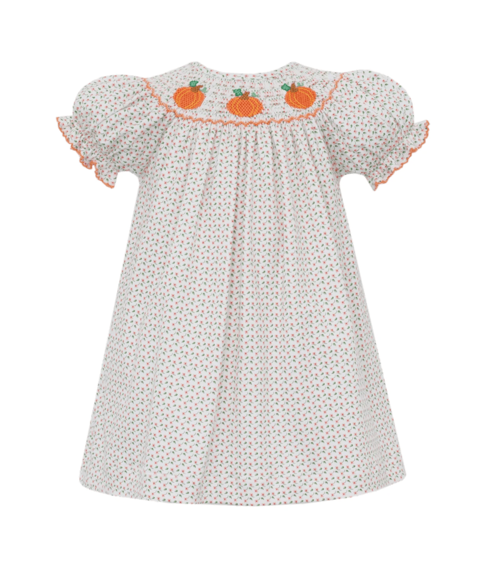 smocked pumpkin dress Petit Bebe Pumpkin Orange Knit Tiny Floral Print Bishop – Fun & Fancy Children's Boutique