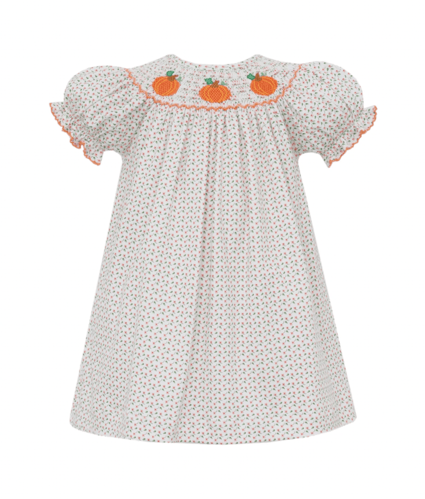 Petit Bebe Pumpkin Orange Knit Tiny Floral Print Bishop - Fun & Fancy Children's Boutique