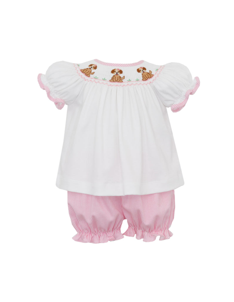 Petit Bebe Puppies Pink Check Knit Bishop Bloomer Set - Fun & Fancy Children's Boutique