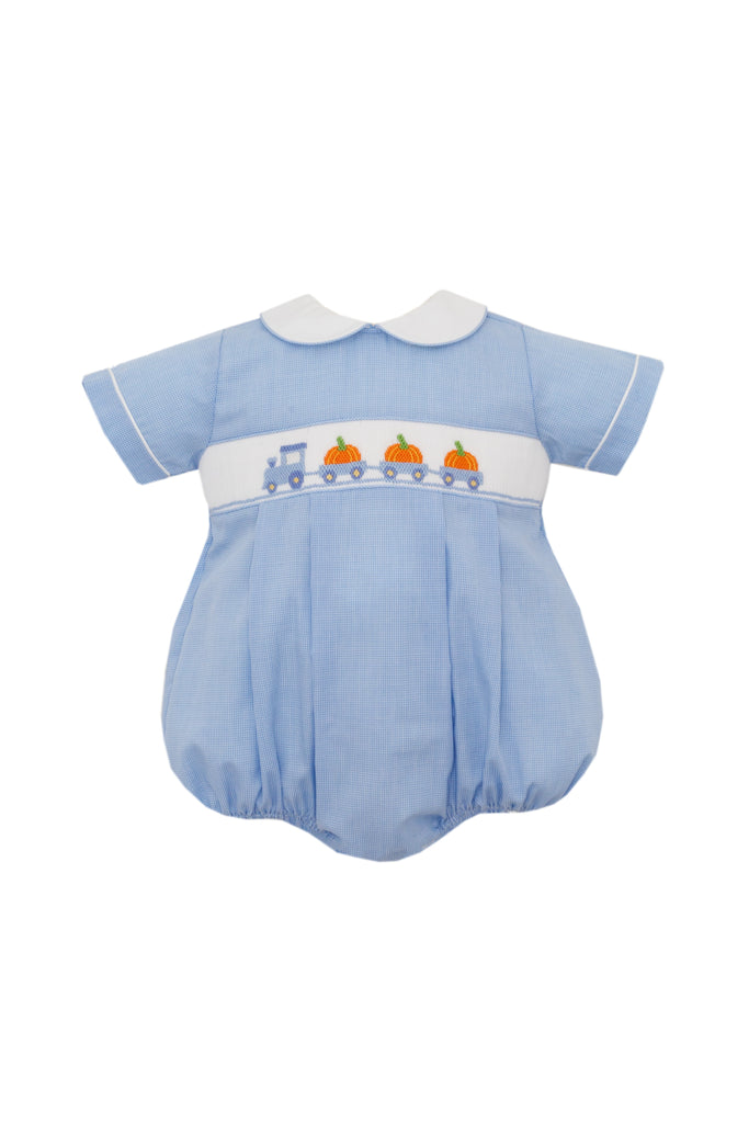 Petit Bebe Truck/Pumpkin Blue Microcheck Bubble - Fun & Fancy Children's Boutique