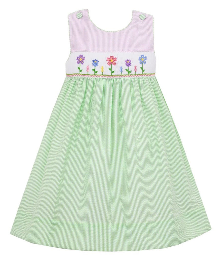 Anavini Spring Garden Green Seersucker Dress - Fun & Fancy Children's Boutique