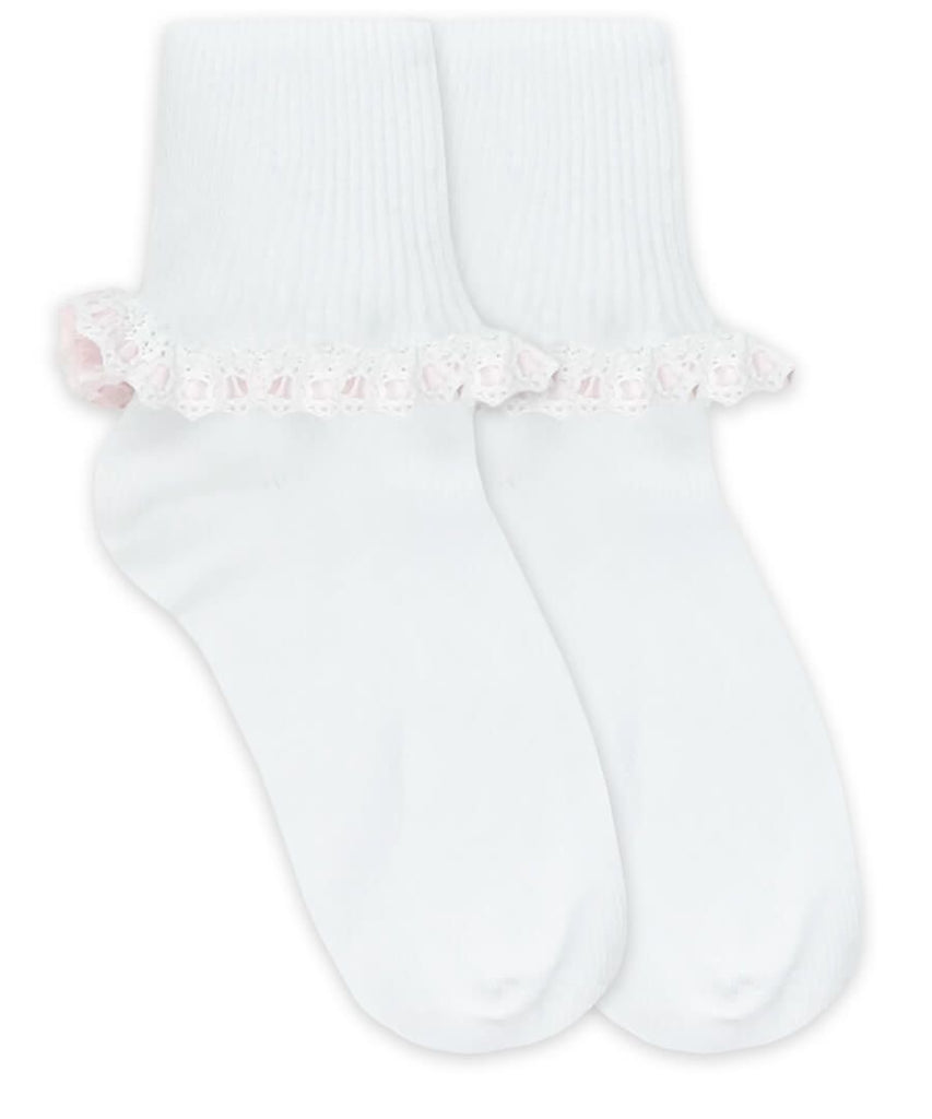 Jefferies Socks Cluny & Satin Lace Turn Cuff Socks 1 Pair White with Pink - Fun & Fancy Children's Boutique