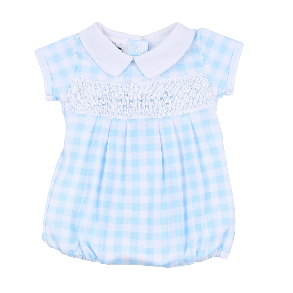 Magnolia Baby Baby Checks Spring 24 Smocked Collared Short Sleeve Boy Bubble Light Blue - Fun & Fancy Children's Boutique