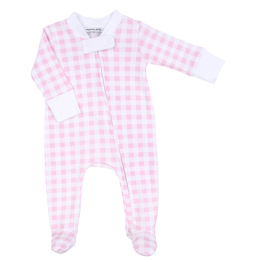 Magnolia Baby Baby Checks Spring 24 Zipped Footie Pink - Fun & Fancy Children's Boutique