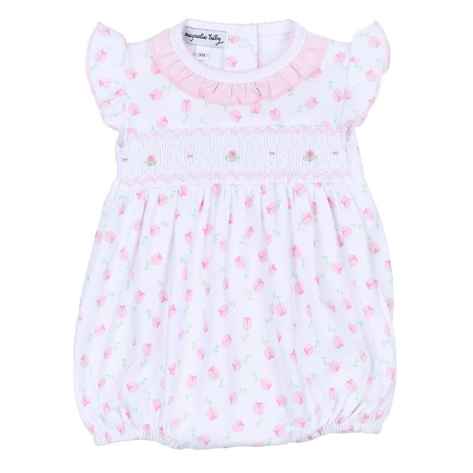 Magnolia Baby Tessa's Classics Smocked Printed Flutters Bubble Pink - Fun & Fancy Children's Boutique