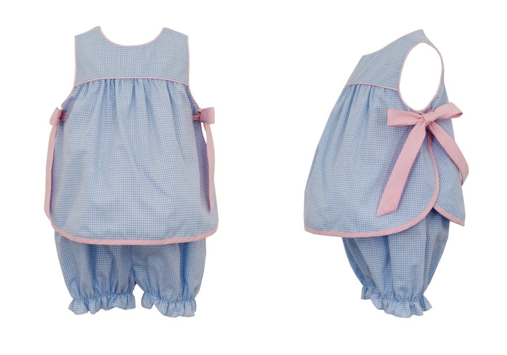 Petit Bebe Apron Dress with Pink Side Bows and Bloomers Blue Gingham - Fun & Fancy Children's Boutique