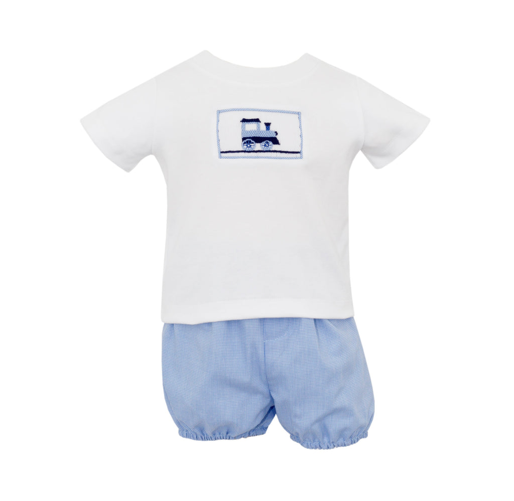 Petit Bebe Train Diaper Set Blue Check - Fun & Fancy Children's Boutique